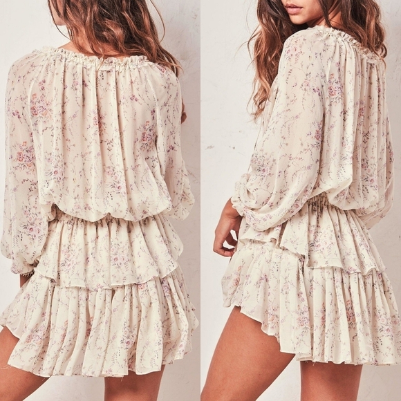 Loveshackfancy Popover Printed Silk Mini Dress Navy Blue Combo XS - Picture 4 of 16